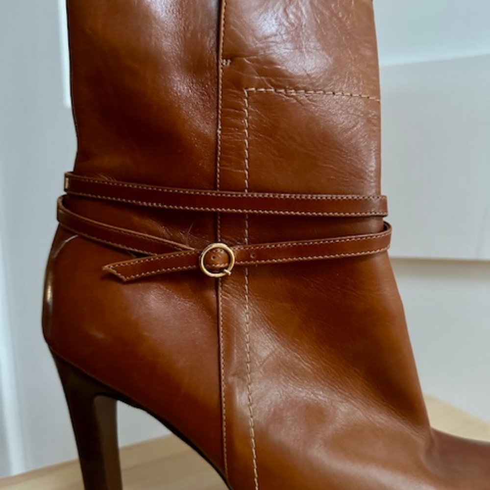 BRAND NEW Vintage Lambertson Truex Cognac Leather Boots 4.25" Heels EU 40 / US 9 - Picture 6 of 12